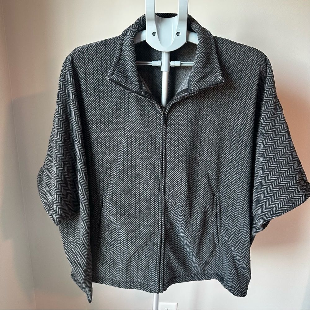 L.L. Bean Gray Chevron Herringbone Fleece Zip Up Poncho S Cape Jacket Kimono